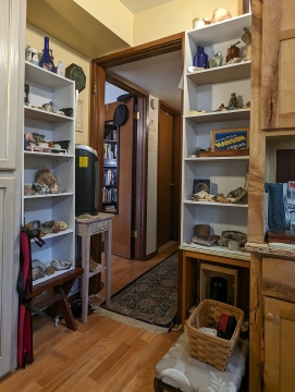 Rocks, fossils, and souvenirs at entrance to hallway.